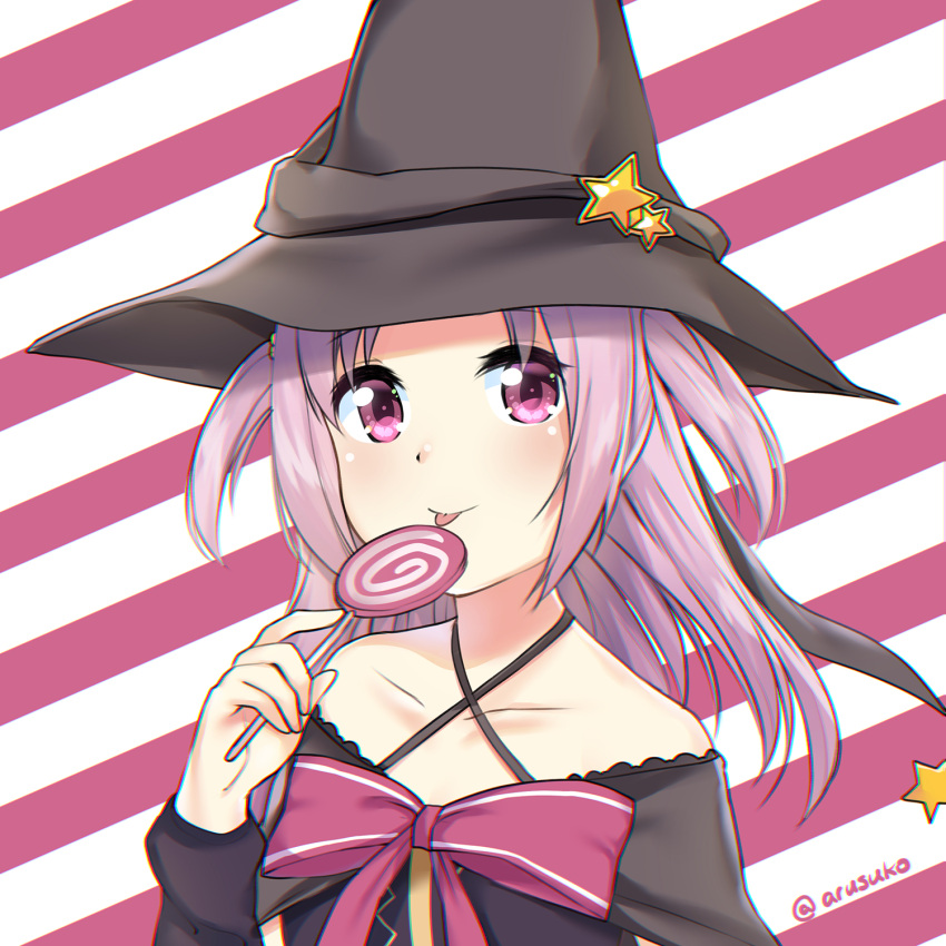1girl arusuko bare_shoulders black_cape black_headwear black_shirt blush candy cape criss-cross_halter food halterneck hat hat_ornament highres holding holding_candy holding_food holding_lollipop lollipop looking_at_viewer magia_record:_mahou_shoujo_madoka_magica_gaiden magical_girl mahou_shoujo_madoka_magica misono_karin parted_bangs pink_ribbon purple_hair ribbon shirt solo star_(symbol) star_hat_ornament striped striped_background tongue tongue_out two_side_up upper_body violet_eyes witch_hat