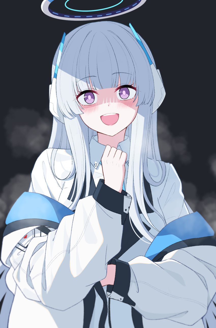 1girl black_background blue_archive blunt_bangs blush bright_pupils collared_shirt commentary halo heavy_breathing highres jacket long_hair long_sleeves looking_at_viewer mechanical_halo noa_(blue_archive) off_shoulder open_clothes open_jacket open_mouth reia_76 shaded_face shirt smile teeth two-sided_fabric two-sided_jacket upper_teeth_only violet_eyes white_hair white_jacket white_shirt yandere
