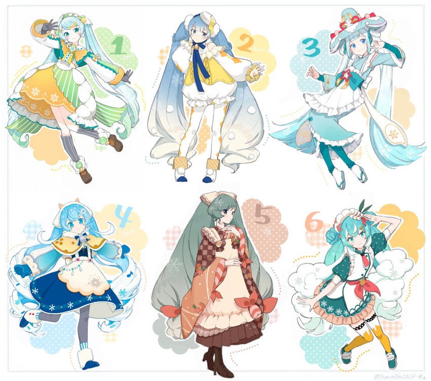 6+girls :3 :o agonasubi ankle_cuffs apron aqua_bow aqua_eyes aqua_footwear aqua_hair aqua_kimono aqua_ribbon aqua_skirt aqua_sleeves argyle argyle_pantyhose argyle_sleeves badge bare_shoulders beamed_eighth_notes bell bell_pepper black_gloves black_pantyhose black_socks blue_bow blue_bowtie blue_eyes blue_footwear blue_hair blue_headwear blue_ribbon blue_skirt blue_socks blunt_bangs boots borrowed_design bow bowtie braid brown_footwear brown_kimono brown_ribbon button_badge buttons capelet carrot center_frills checkered_clothes checkered_kimono cheese cheese_wheel coattails commentary contrapposto cowbell cross-laced_footwear curly_hair double_bun earmuffs earrings egg_(food) eighth_note fake_horns fondue food food-themed_hair_ornament food_on_face food_print fork_hair_ornament frilled_apron frilled_shirt frills full_body fur-trimmed_boots fur-trimmed_capelet fur-trimmed_footwear fur-trimmed_skirt fur_trim gloves gold_trim gradient_hair green_eyes green_hair green_pepper green_ribbon green_skirt hair_bow hair_bun hair_ornament hair_ribbon hair_rings hairclip hand_on_own_chest hand_up hardboiled_egg hatsune_miku high_heel_boots high_heels highres hoop_skirt horns ice_cream_cone ichimegasa ikura_(food) japanese_clothes jewelry kappougi kimono kneehighs lace-up_boots large_hat layered_skirt leaning_forward leaning_to_the_side leg_up light_blue_hair light_blush long_hair looking_at_viewer lotus_root low_twin_braids medal melting mittens multicolored_hair multiple_girls multiple_persona musical_note musical_note_hair_ornament neck_bell neck_ribbon necktie obi orange_capelet orange_hair orange_skirt orange_thighhighs outstretched_arm outstretched_arms pantyhose pink_bow pink_necktie pink_ribbon pom_pom_(clothes) puffy_short_sleeves puffy_sleeves quilted_clothes red_bow ribbon rice rice_(plant) rice_on_face rope running sandals sash scallop shirt short_necktie short_sleeves shrimp sideways_glance skirt smile snowflake_ornament snowflake_print socks spoon_hair_ornament sprinkles squash star-shaped_food streaked_hair striped striped_bow striped_bowtie striped_necktie striped_skirt striped_sleeves striped_socks swiss_cheese thigh-highs twin_braids twintails vertical-striped_socks vertical_stripes very_long_hair vocaloid waffle_cone wavy_hair white_apron white_background white_bow white_footwear white_hair white_headdress white_headwear white_mittens white_pantyhose white_ribbon white_shirt white_socks wide_sleeves yellow_capelet yellow_shirt yuki_miku yuki_miku_(2024)