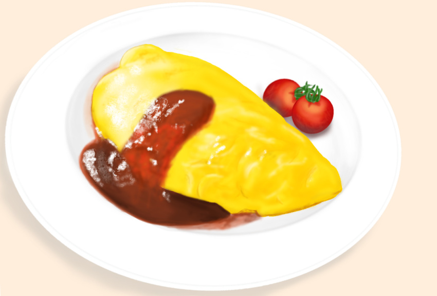 food food_focus no_humans omelet omurice original shadow simple_background still_life tan_background tomato user_kysh8434