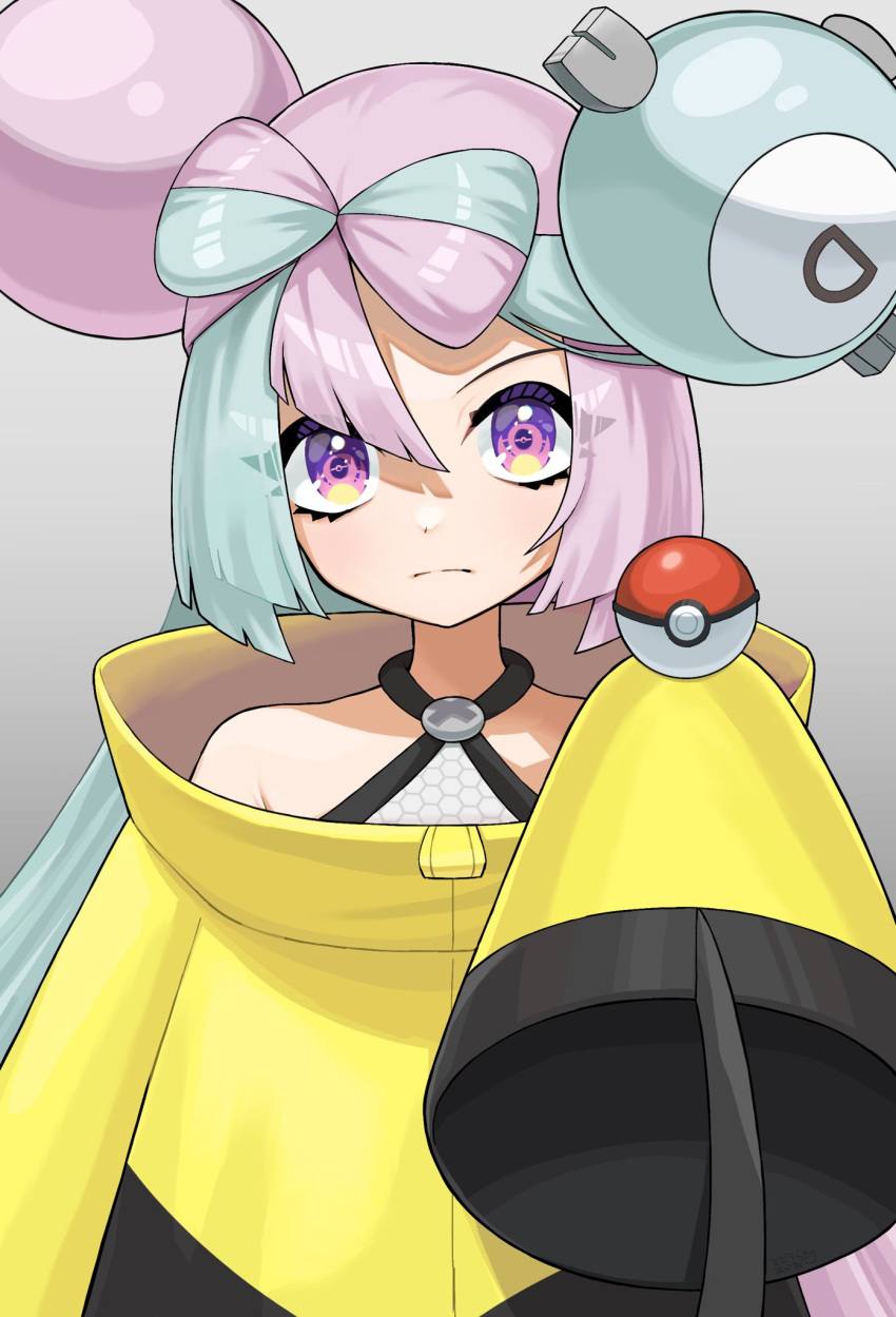 1girl character_hair_ornament closed_mouth commentary_request ebiura_akane green_hair grey_background hair_ornament hand_up highres iono_(pokemon) jacket long_hair looking_at_viewer multicolored_hair pink_hair poke_ball poke_ball_(basic) pokemon pokemon_(game) pokemon_sv shirt sleeveless sleeveless_shirt sleeves_past_fingers sleeves_past_wrists solo two-tone_hair upper_body violet_eyes yellow_jacket