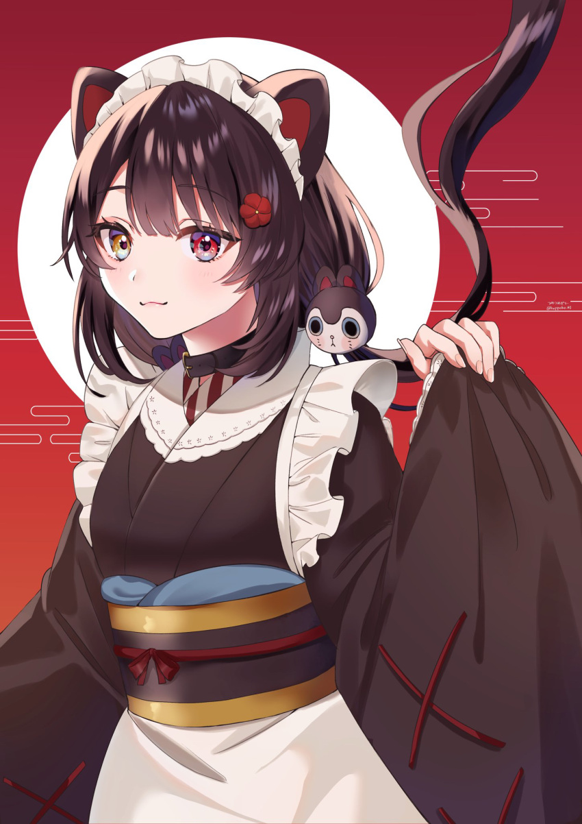 1girl animal_ears apron black_hair black_kimono brown_eyes closed_mouth dog_ears dog_hair_ornament egasumi floating_hair flower hair_flower hair_ornament heterochromia highres inui_toko japanese_clothes kimono long_hair long_sleeves looking_at_viewer low_twintails maid_headdress nijisanji obi pinching_sleeves red_background red_eyes red_flower sash sleeves_past_wrists smile solo tsumetsume_zerii twintails two-tone_background very_long_hair virtual_youtuber wa_maid white_apron white_background wide_sleeves