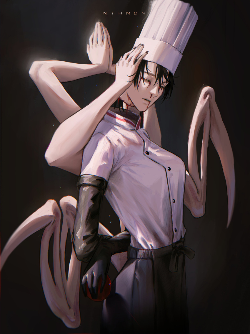 1girl absurdres apple apron arms_behind_back arthropod_limbs artist_name black_apron black_gloves black_hair blood blood_drip blood_from_eyes blood_from_mouth chainsaw_man chef chef_hat closed_eyes disembodied_head elbow_gloves extra_arms facing_viewer falling_devil_(chainsaw_man) flat_top_chef_hat food fruit gloves hat highres holding holding_food holding_fruit holding_head nosebleed nthndn severed_head short_hair short_ponytail solo waist_apron