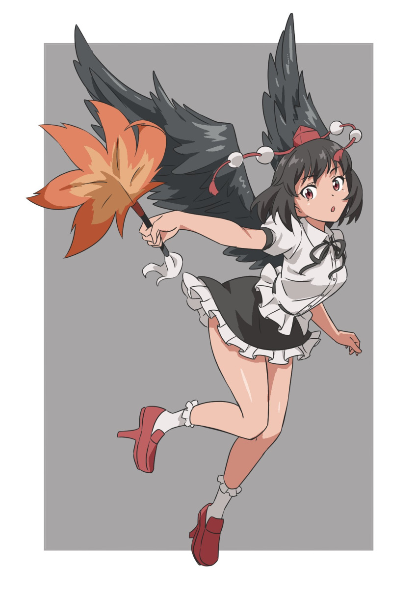 1girl bird_wings black_hair black_skirt black_wings border breasts collared_shirt commentary full_body geta grey_background gyouza_(mhea5724) hand_fan hat hauchiwa highres leaf looking_at_viewer maple_leaf open_mouth pom_pom_(clothes) red_eyes red_footwear red_headwear shameimaru_aya shirt short_hair short_sleeves simple_background skirt socks solo tengu-geta tokin_hat touhou white_border white_shirt white_socks wings