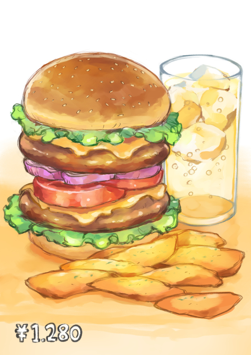 absurdres bun_(food) burger cheese cup drink food food_focus hasegawa_(morebeer) highres ice ice_cube lettuce meat no_humans onion original price still_life tomato tomato_slice