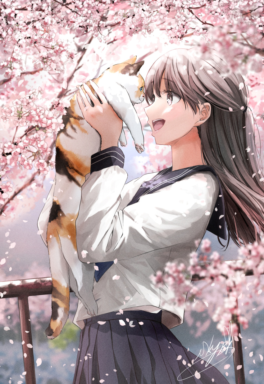 1girl animal blurry blurry_background blurry_foreground brown_eyes brown_hair calico cat cherry_blossoms commentary_request cowboy_shot day depth_of_field falling_petals flower from_side grey_sailor_collar grey_skirt half_updo hands_up highres holding holding_animal holding_cat long_hair long_sleeves looking_at_animal open_mouth original outdoors petals pink_flower pleated_skirt railing sailor_collar sailor_shirt school_uniform serafuku shirt sideways_mouth signature skirt solo soragane_(banisinngurei) spring_(season) standing straight_hair white_shirt