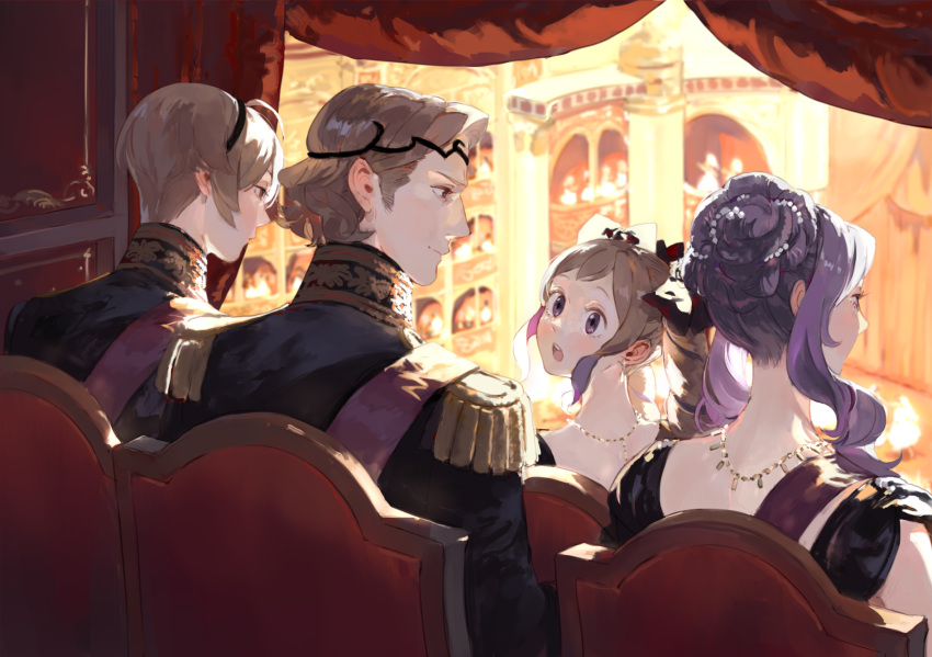 2boys 2girls ahoge ai-wa blonde_hair brother_and_sister brothers brown_hair camilla_(fire_emblem) curtains drill_hair elise_(fire_emblem) european_clothes fire_emblem fire_emblem_fates hair_bun highres jewelry leo_(fire_emblem) looking_back multiple_boys multiple_girls necklace purple_hair red_eyes siblings sisters sitting twin_drills violet_eyes xander_(fire_emblem)