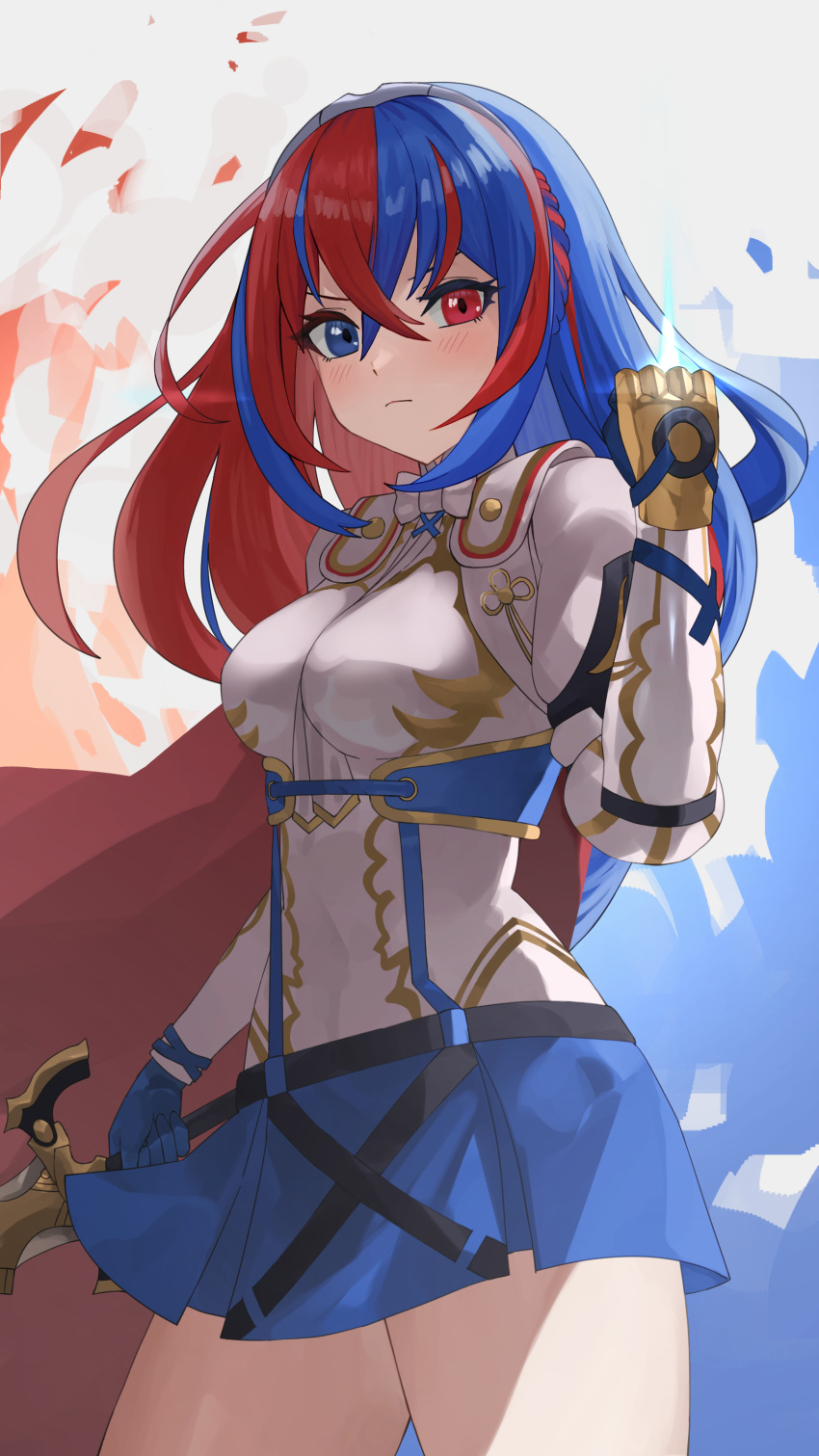 1girl absurdres alear_(female)_(fire_emblem) alear_(fire_emblem) blue_eyes blue_hair braid breasts commentary crossed_bangs crown_braid emblem_ring fire_emblem fire_emblem_engage heterochromia highres long_hair looking_at_viewer medium_breasts multicolored_hair pearlbbbb red_eyes redhead revision smile solo split-color_hair thighs two-tone_hair