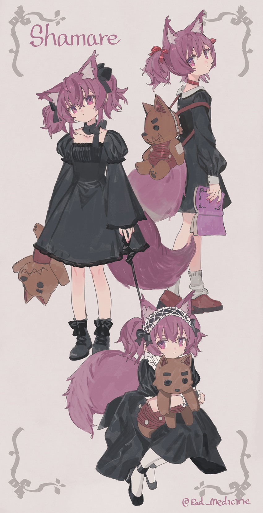 1girl alternate_costume animal_bag animal_ear_fluff arknights backpack bag black_bow black_dress black_footwear book boots bow character_name chinese_commentary choker closed_mouth collared_dress commentary_request dress expressionless fox_girl fox_tail frilled_hairband frills full_body gothic_lolita hair_bow hairband head_tilt high_heels highres holding holding_book holding_stuffed_toy lolita_fashion long_sleeves looking_at_viewer loose_socks medium_hair mixed-language_commentary morte_(arknights) multiple_views nail_polish open_book pantyhose puffy_short_sleeves puffy_sleeves purple_hair purple_nails red_(girllove) red_bow red_footwear shamare_(arknights) short_sleeves socks stuffed_toy stuffed_wolf tail twitter_username two_side_up violet_eyes white_pantyhose white_socks wrist_cuffs