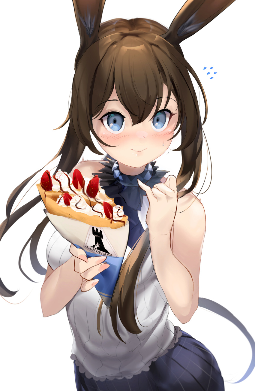 1girl absurdres amiya_(arknights) animal_ears arknights bare_shoulders blue_eyes blush brown_hair chocolate_syrup crepe food fruit hands_up highres long_hair looking_at_viewer rabbit_ears rabbit_girl shirt simple_background sleeveless sleeveless_shirt smile solo somray strawberry upper_body whipped_cream white_background white_shirt