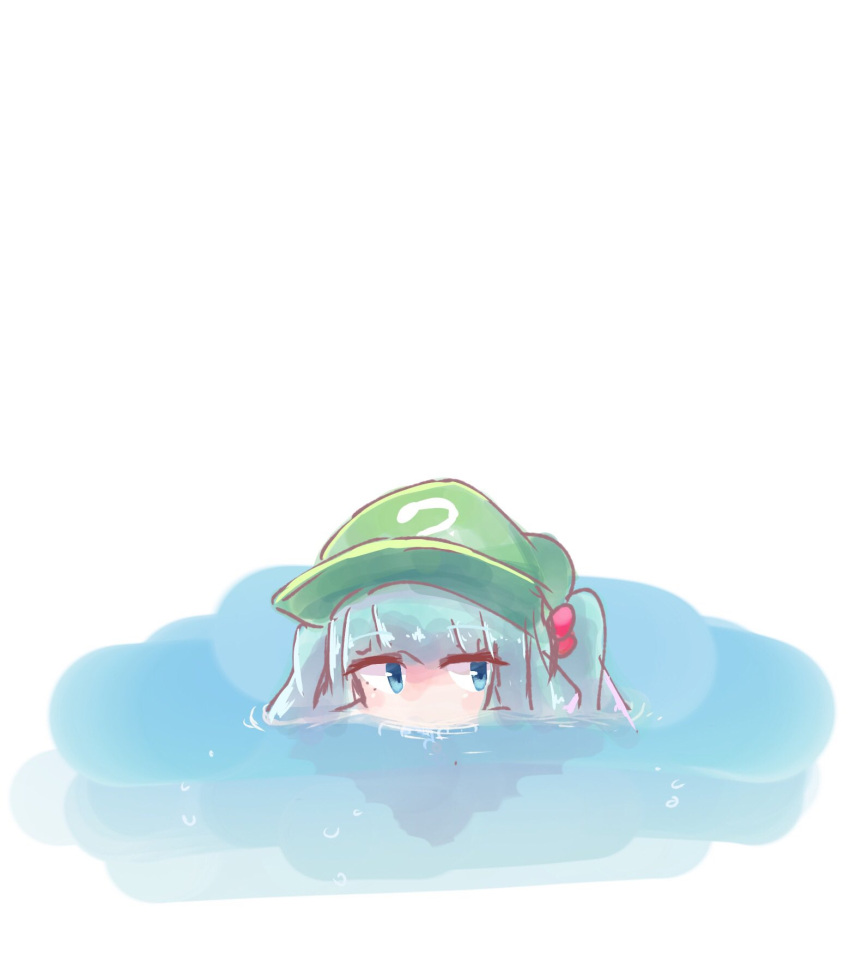 1girl commentary_request flat_cap green_headwear hair_bobbles hair_ornament hat highres kalmia495 kawashiro_nitori looking_to_the_side partially_submerged solo touhou two_side_up water white_background