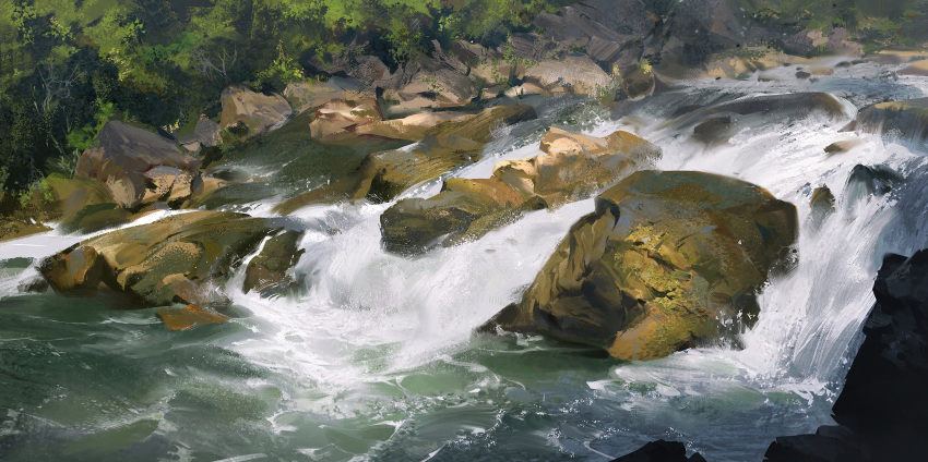 boulder branch foam highres nature no_humans original outdoors river rock scenery tree water waterfall ying_yi