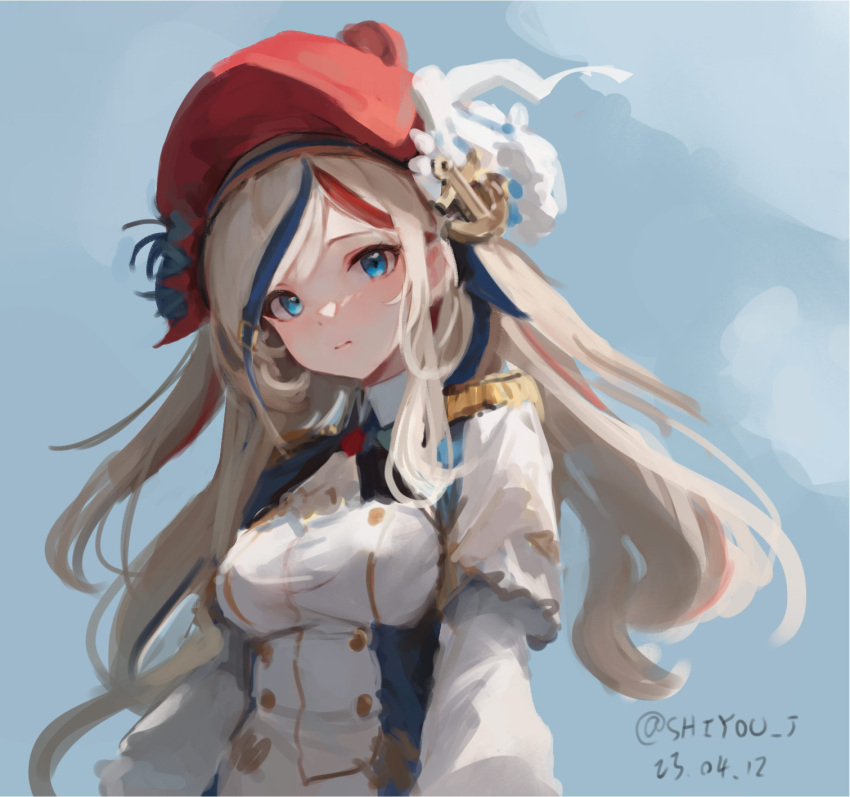 1girl anchor_hair_ornament beret blonde_hair blue_background blue_eyes blue_hair breasts closed_mouth commandant_teste_(kancolle) dated epaulettes hair_ornament hat highres kantai_collection long_hair long_sleeves looking_at_viewer military military_uniform multicolored_hair one-hour_drawing_challenge red_headwear redhead shidou_(shiyou_j) simple_background solo streaked_hair twitter_username uniform upper_body