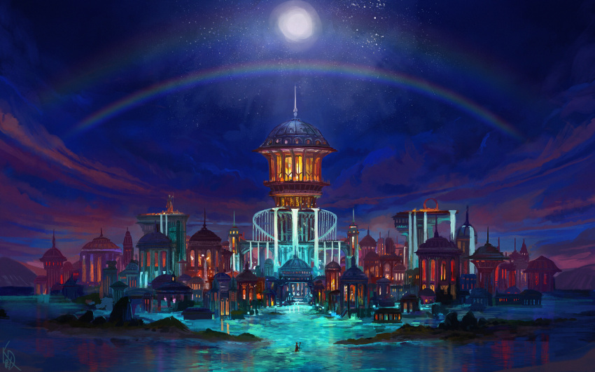 1other absurdres building city city_lights cityscape clouds colorful commentary dome double_rainbow dusk english_commentary fantasy full_moon highres holding holding_staff idrawbagman lake moon moonbeam moonlight mountain nature night night_sky original outdoors partially_immersed rainbow reflection reflective_water scenery shore signature sky spire staff very_wide_shot water