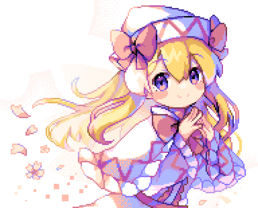 1girl absurdres blonde_hair blue_eyes blush_stickers capelet closed_mouth dress flower hair_between_eyes hat highres lily_white long_hair long_sleeves omochinegi petals pink_flower pixel_art smile solo touhou upper_body white_capelet white_dress white_headwear