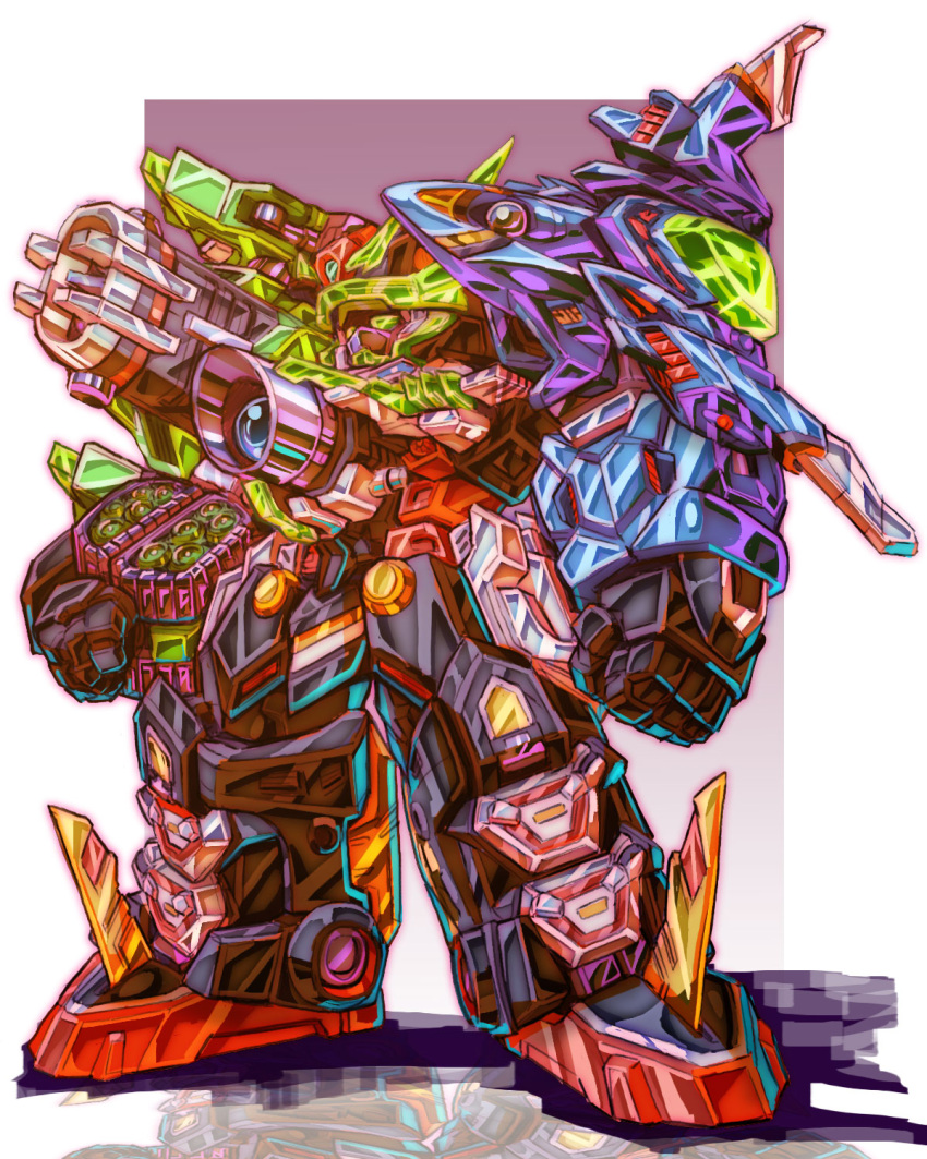 b-daman border clenched_hands full_body gradient_background green_eyes highres looking_up mecha no_humans outside_border reflection robot science_fiction shadow solo standing super_robot uungunover vida_caliber white_border