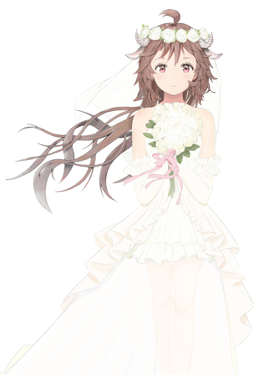 1girl absurdres ahoge alternate_costume animal_ears arknights bouquet bridal_veil bride brown_hair closed_mouth commentary_request dress eirudi elbow_gloves eyjafjalla_(arknights) feet_out_of_frame flower flower_wreath gloves hands_up highres holding holding_bouquet horns long_hair looking_at_viewer pink_eyes pink_ribbon ribbon rose see-through_clothes see-through_skirt sheep_ears sheep_girl sheep_horns simple_background skirt smile solo standing strapless strapless_dress veil wedding_dress white_background white_dress white_flower white_gloves white_rose white_veil