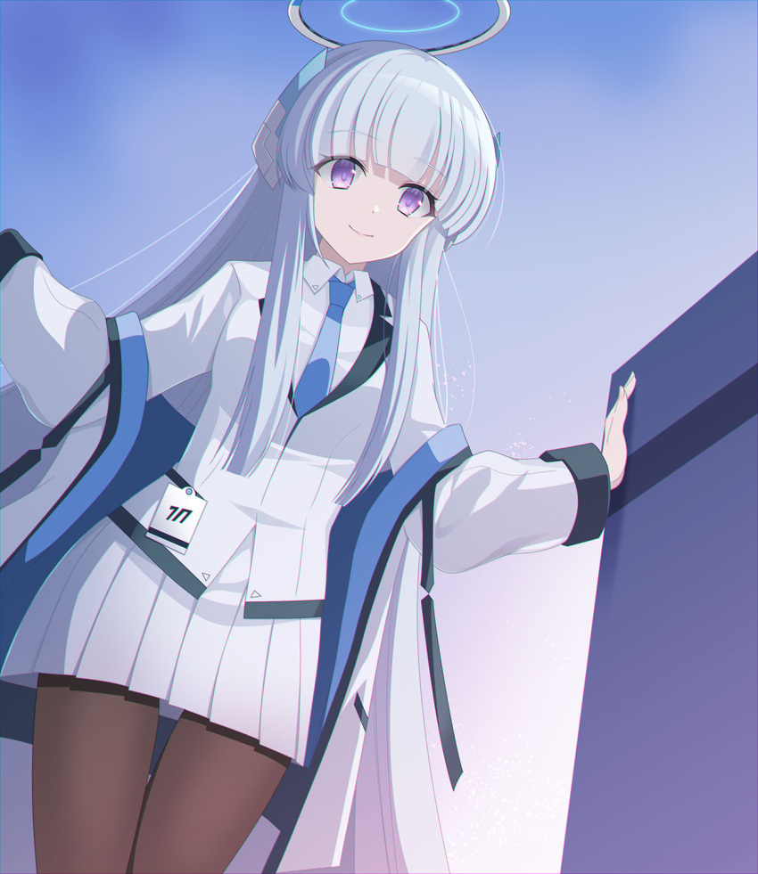 1girl arm_support black_pantyhose blazer blue_archive blunt_bangs coat collared_shirt commentary_request eko grey_hair halo headgear highres jacket long_hair long_sleeves looking_at_viewer necktie noa_(blue_archive) pantyhose pleated_skirt school_uniform shirt sidelocks simple_background skirt smile solo violet_eyes white_coat white_skirt