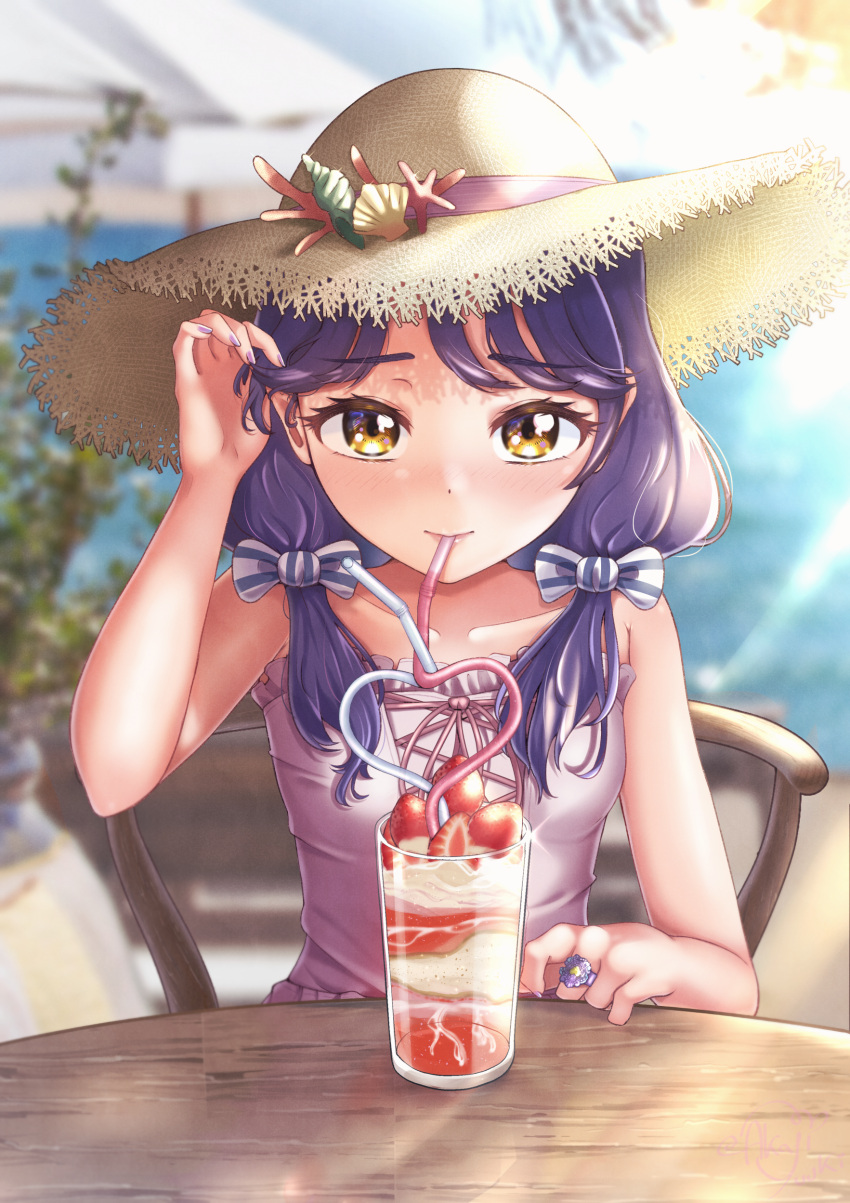1girl absurdres akajiyuuki blurry blurry_background bow brown_eyes chair character_request check_character crazy_straw dress drinking_straw food fruit hand_up hat highres jewelry long_hair looking_at_viewer precure purple_hair purple_nails reflection ring sleeveless sleeveless_dress solo sparkle straw_hat strawberry strawberry_slice striped striped_bow suzumura_sango tropical-rouge!_precure twintails