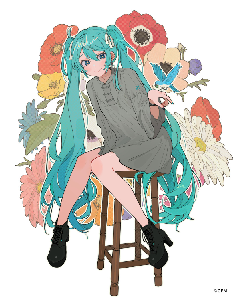 1girl ahoge alternate_costume aqua_eyes aqua_hair aqua_nails bare_legs bird black_footwear closed_mouth clover commentary copyright dress floral_background four-leaf_clover full_body hair_between_eyes hassan_(sink916) hatsune_miku heart heart-shaped_pupils high_heels high_tops highres leaning_forward long_hair long_sleeves looking_at_viewer loose_clothes shoes short_dress sitting smile sneakers stool symbol-shaped_pupils twintails very_long_hair vocaloid white_dress wide_sleeves wristband yellow_pupils