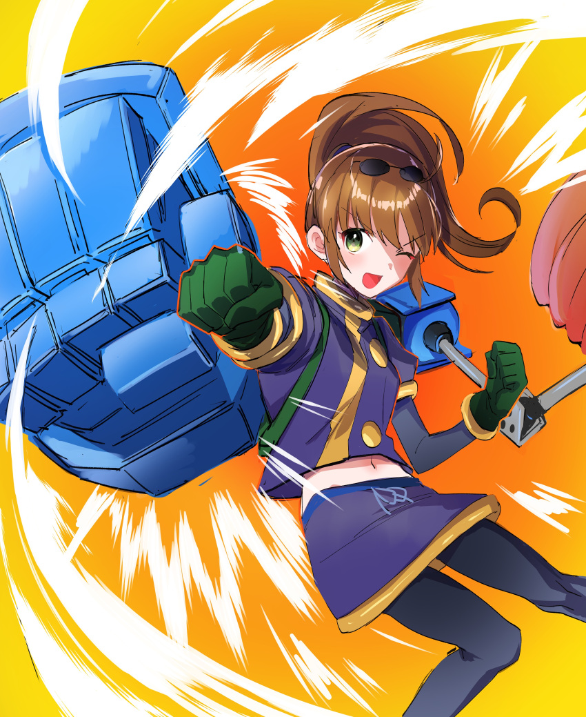 1girl :d absurdres brown_hair eyewear_on_head gloves green_eyes highres long_hair looking_at_viewer mechanical_arms navel one_eye_closed open_mouth pantyhose ponytail precis_neumann protected_link single_mechanical_arm skirt smile solo star_ocean star_ocean_the_second_story ycco_(estrella)