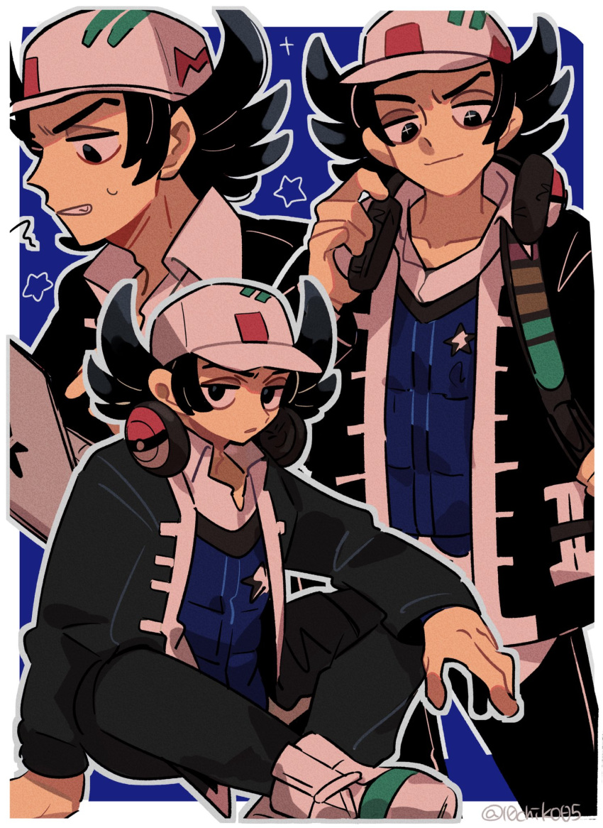 10chiko05 1boy black_eyes black_hair black_jacket black_pants blue_vest border clenched_teeth collared_shirt commentary_request computer giacomo_(pokemon) hand_up hat headphones highres jacket laptop looking_at_viewer looking_down male_focus multiple_views open_clothes open_jacket pants parted_lips pointy_hair poke_ball_print pokemon pokemon_(game) pokemon_sv shirt shoes sparkling_eyes sweatdrop team_star teeth twitter_username vest watermark white_border white_headwear