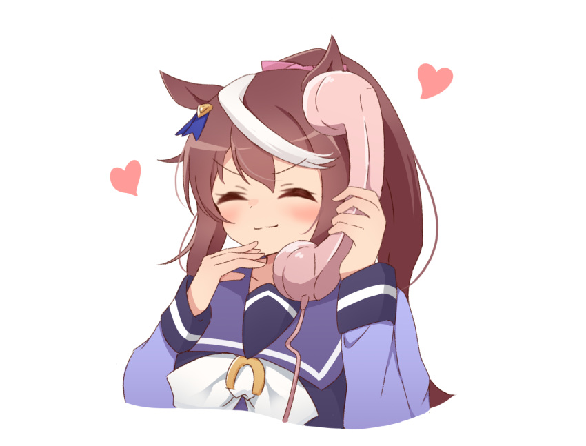 1girl animal_ears arm_up blush bow brown_hair closed_mouth commentary corded_phone cropped_torso double-parted_bangs facing_viewer hair_bow hand_up heart high_ponytail holding holding_phone horse_ears horse_girl long_sleeves multicolored_hair phone pink_bow purple_serafuku purple_shirt purple_sweater_vest school_uniform serafuku shirt sidelocks simple_background smile solo split_mouth streaked_hair sweater_vest tokai_teio_(umamusume) tsukimi_(rivia) umamusume white_background white_bow white_hair