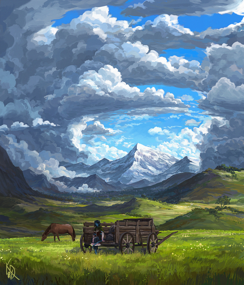 1girl absurdres blue_hair blue_skin blue_sky book capelet clouds cloudy_sky colored_skin colorful critical_role dark_clouds day dress fantasy field grass green_capelet highres hill horns horse idrawbagman landscape long_sleeves mountain nature outdoors reading scenery short_hair signature sitting sky solo tiefling tree valley wagon