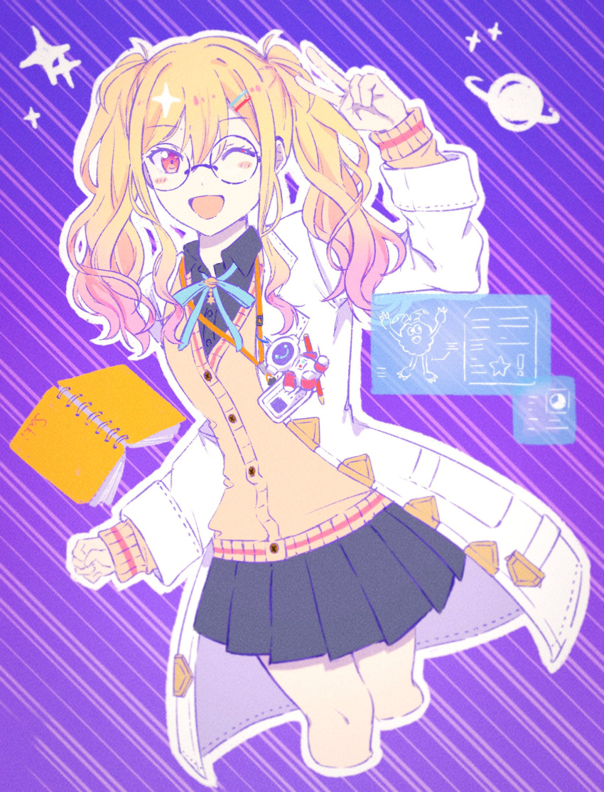 1girl :o absurdres aqua_bow aqua_bowtie bell black_skirt blonde_hair blue_shirt blush bookmark bow bowtie brown_footwear cardigan charm_(object) coat collared_shirt get_over_it._(project_sekai) glasses gradient_hair hair_ornament hairclip heart highres holding id_card jingle_bell kz_on3 lab_coat lanyard long_hair long_sleeves looking_at_viewer multicolored_hair notebook one_eye_closed open_collar open_labcoat open_mouth pink_cardigan pink_eyes pink_hair project_sekai rimless_eyewear round_eyewear scientist shirt skirt socks star_(symbol) sweater tenma_saki twintails v wavy_hair white_coat yellow_cardigan yellow_sweater