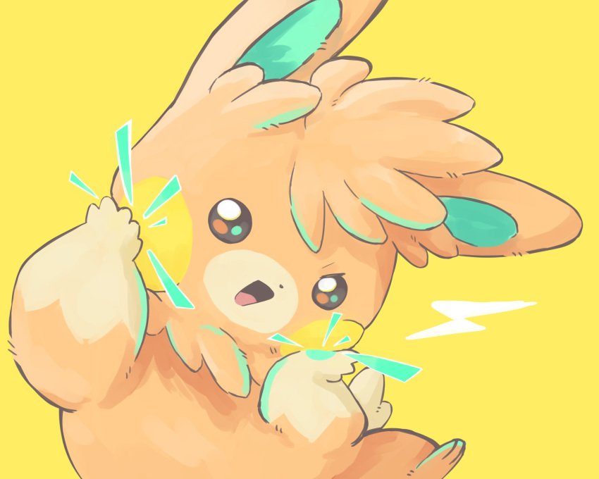 absurdres animal_focus black_eyes blush_stickers commentary electricity hands_on_own_cheeks hands_on_own_face hands_up happy highres lightning_bolt_symbol looking_at_viewer mame_(pixiv_57985908) no_humans open_mouth pawmot pokemon pokemon_(creature) simple_background smile solo yellow_background