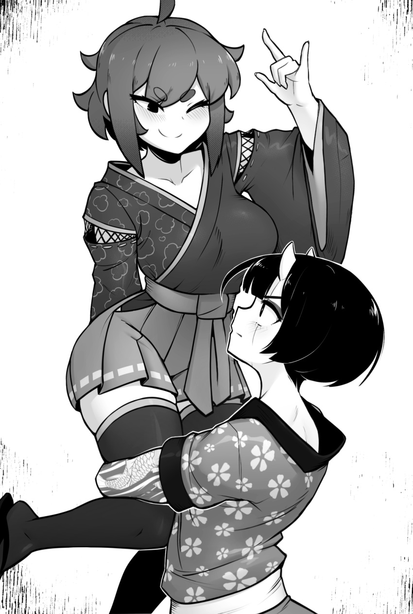 2girls arm_tattoo ash_sarai blush breasts closed_mouth collarbone d-floe eyeshadow greyscale highres horns large_breasts long_sleeves looking_at_another makeup monochrome multiple_girls one_eye_closed oni oni_horns original short_hair short_sleeves skirt smile sumi_(d-floe) tattoo thick_eyebrows thigh-highs