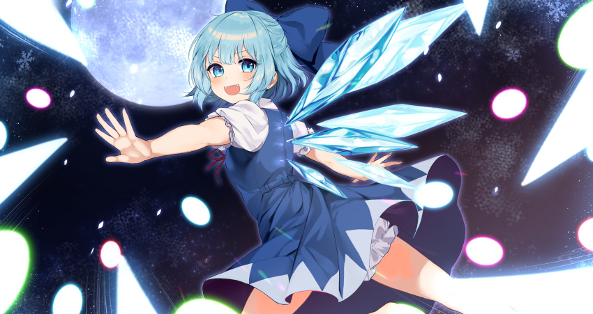 1girl absurdres blue_dress blue_eyes blue_hair blush bow cirno danmaku drawer dress hair_between_eyes hair_bow highres ice ice_wings moon open_mouth smile snowflakes solo tamafurin touhou wings