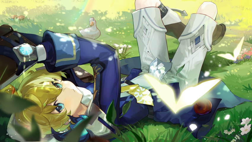1boy absurdres apple aqua_eyes bird black_gloves blonde_hair blue_jacket book boots brown_footwear closed_mouth duck flower food fruit genshin_impact gloves grass hair_between_eyes highres holding holding_book jacket leaf long_sleeves looking_at_viewer lying male_focus mika_(genshin_impact) multicolored_hair necktie on_back on_ground open_book outdoors redhead shorts solo sparkle vision_(genshin_impact) white_flower wumumu yellow_necktie