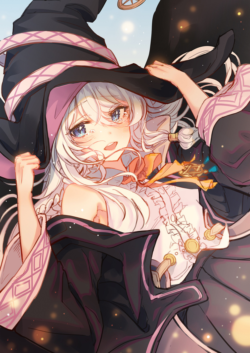 1girl bare_shoulders blue_eyes brooch collared_shirt crying crying_with_eyes_open elaina_(majo_no_tabitabi) falling hat highres holding holding_clothes holding_hat jewelry long_hair long_sleeves majo_no_tabitabi neck_ribbon open_clothes open_robe orange_ribbon pistachiocream ribbon robe shirt skirt sleeveless sleeveless_shirt solo tears white_hair white_shirt wide_sleeves witch_hat
