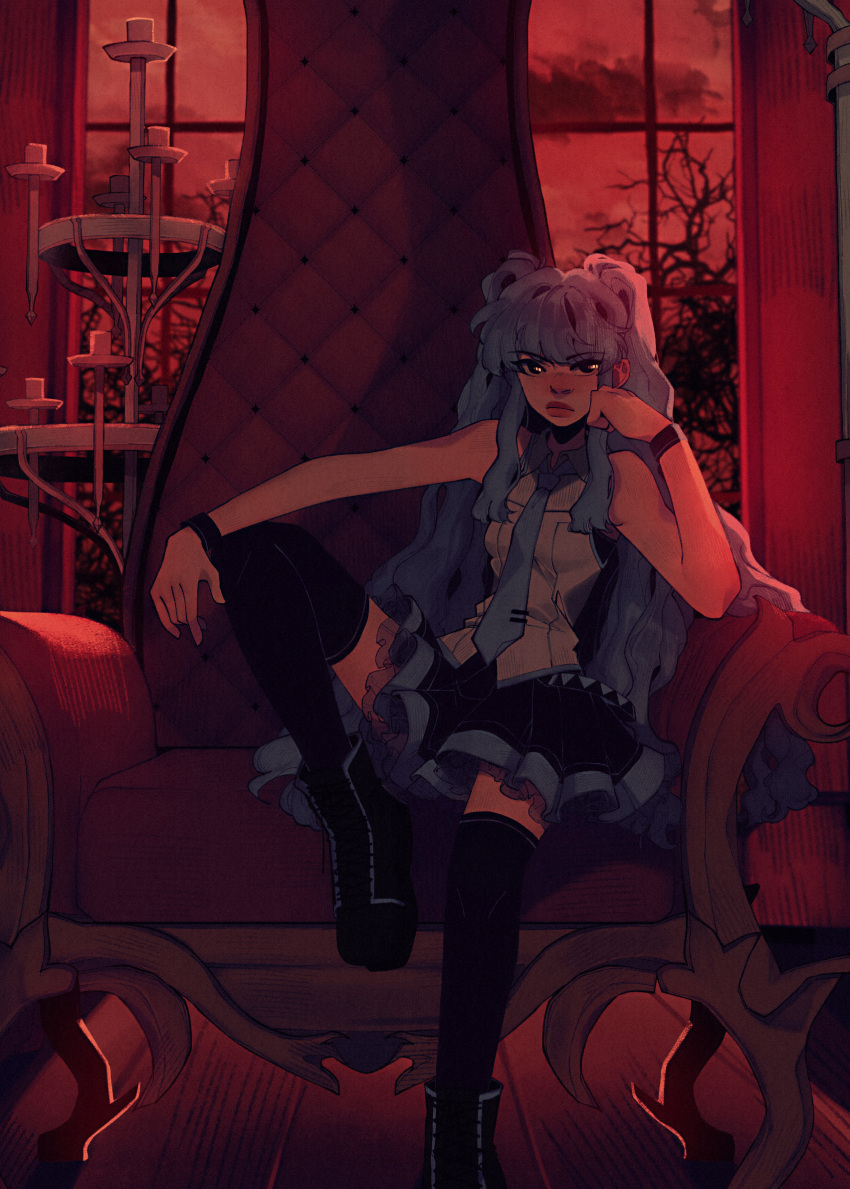 1girl ascot bare_shoulders bare_tree black_bracelet black_footwear blue_hair boots bracelet candlestand hand_on_own_cheek hand_on_own_face hatsune_miku highres jewelry linmiee long_hair looking_at_viewer necktie pastel_colors red_sky skirt sky solo thigh-highs throne tree twintails vocaloid window wooden_floor