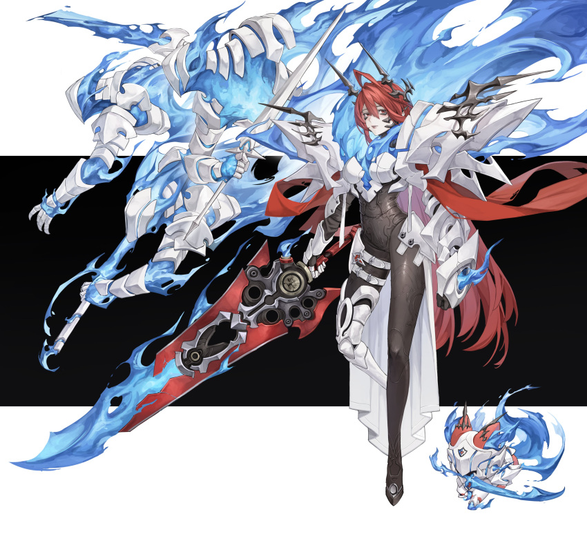 1girl absurdres ahoge armor belt black_bodysuit black_horns blue_fire bodysuit breastplate breasts commentary crack dog double-parted_bangs elizabeth_rose_bloodflame english_commentary faulds fiery_ears fire full_body greatsword hair_between_eyes highres holding holding_sword holding_weapon hololive hololive_english horns huge_ahoge large_breasts long_hair looking_at_viewer parted_lips raresauce red_eyes red_hair rosarian_(elizabeth_rose_bloodflame) shoulder_armor solo sword thigh_belt thigh_strap thorn_(elizabeth_rose_bloodflame) very_long_hair virtual_youtuber weapon white_belt