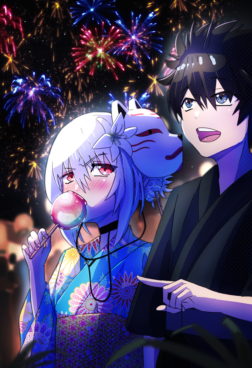 1boy 1girl absurdres accelerator_(toaru_majutsu_no_index) albino ambiguous_gender androgynous arm_at_side black_choker black_hair black_kimono blue_eyes blue_kimono blurry blurry_background blush candy_apple choker eating electrodes fingernails fireworks flat_chest floral_print flower food food_in_mouth fox_mask grass hair_flower hair_ornament hair_scrunchie hand_up highres holding holding_food japanese_clothes kamijou_touma kimono lily_(flower) long_sleeves looking_at_another looking_at_object mask night open_mouth pale_skin portrait print_kimono print_obi red_eyes scrunchie short_hair sidelocks smile spiky_hair standing summer_festival suzushina_yuriko teeth toaru_majutsu_no_index trebas upper_teeth_only white_hair