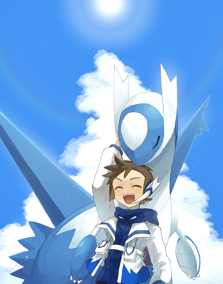 1boy blue_sky brendan_(pokemon) brendan_(sygna_suit)_(pokemon) brown_hair closed_eyes earpiece hand_on_another's_head highres latios male_focus mio14s official_alternate_costume open_mouth pokemon pokemon_(creature) pokemon_(game) pokemon_masters_ex sky smile sun twitter_username upper_body v-shaped_eyebrows wings