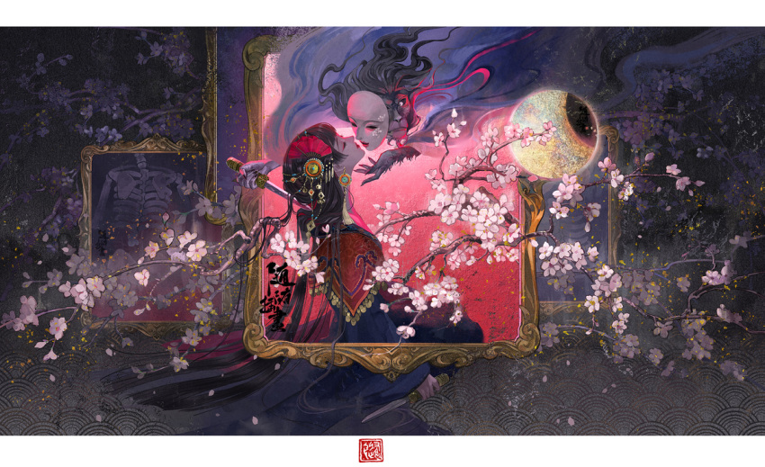1girl black_hair bone cherry_blossoms china_dress chinese_clothes closed_eyes closed_mouth dress earrings face-to-face floating hair_ornament holding holding_knife jewelry knife mask original petals picture_frame profile sitting wedding_dress yangmao_huahua_de_sui_sui