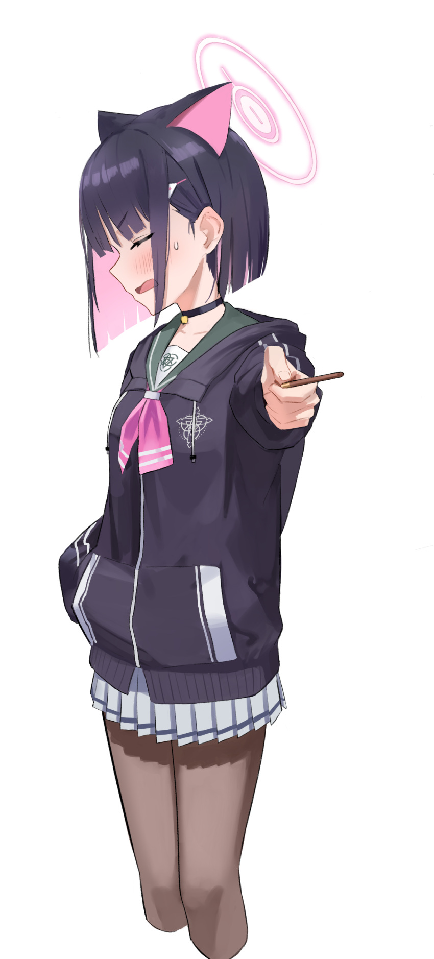 1girl absurdres animal_ears black_choker black_hair black_hoodie black_pantyhose blue_archive blunt_ends blush cat_ears cat_girl choker closed_eyes collarbone commentary cropped_legs drawstring food green_sailor_collar hair_ornament hairclip halo hand_in_pocket highres holding holding_food holding_pocky hood hood_down hoodie kazusa_(blue_archive) neckerchief open_mouth outstretched_arm pantyhose pink_hair pink_halo pink_neckerchief pleated_skirt pocky sailor_collar shaka_(user_fmwh2232) short_hair sidelocks sideways_mouth simple_background skirt solo white_background white_skirt