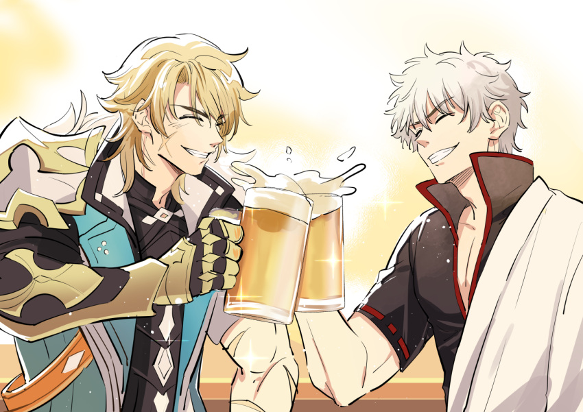 2boys alcohol aqua_coat beer beer_mug black_gloves black_shirt blonde_hair closed_eyes coat commentary_request cup gauntlets genshin_impact gintama gloves gtkamenozoki hadanugi_dousa holding holding_cup japanese_clothes kimono male_focus mug multiple_boys multiple_scars open_clothes open_kimono popped_collar sakata_gintoki scar scar_on_arm scar_on_cheek scar_on_face shirt single_gauntlet smile sugita_tomokazu toasting_(gesture) varka_(genshin_impact) voice_actor_connection white_hair white_kimono