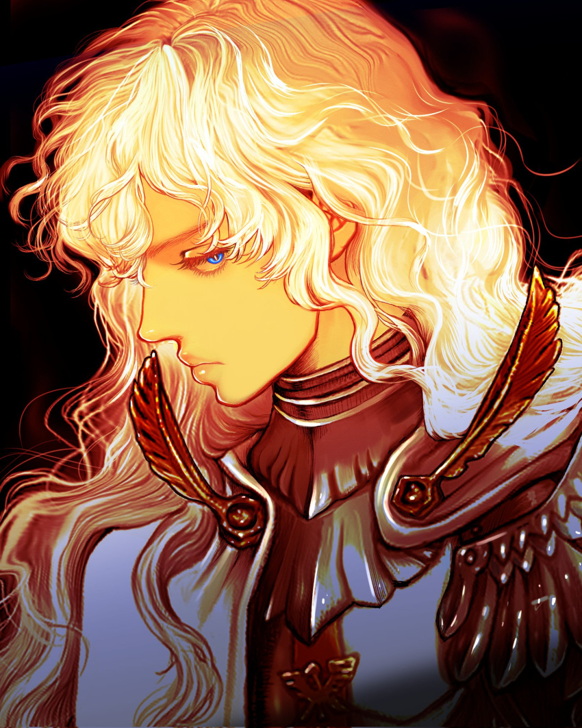 1boy androgynous armor berserk black_background blue_eyes cape closed_mouth griffith_(berserk) highres lips long_hair looking_at_viewer male_focus nisino2222 portrait shoulder_armor solo wavy_hair white_cape white_hair