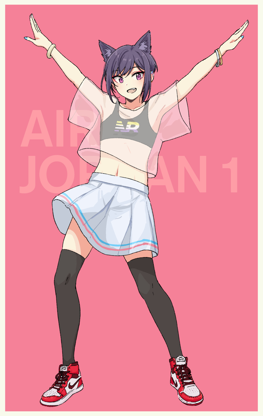 1other absurdres air_jordan air_jordan_1 androgynous animal_ears arms_up bangle bare_shoulders black_thighhighs blue_nails bracelet cat_ears crop_top dancing ear_piercing earrings extra_ears fang hair_between_eyes hair_ears highres jewelry k-pop lgbt_pride looking_at_viewer nail_polish navel nike non-binary_flag original other_focus over-kneehighs pas'_black-haired_catperson pas_(paxiti) piercing pink_background product_placement purple_hair see-through see-through_shirt shoes short_hair skirt smile sneakers solo the_feels_(twice) thigh-highs transgender_flag twice_(group) violet_eyes white_skirt