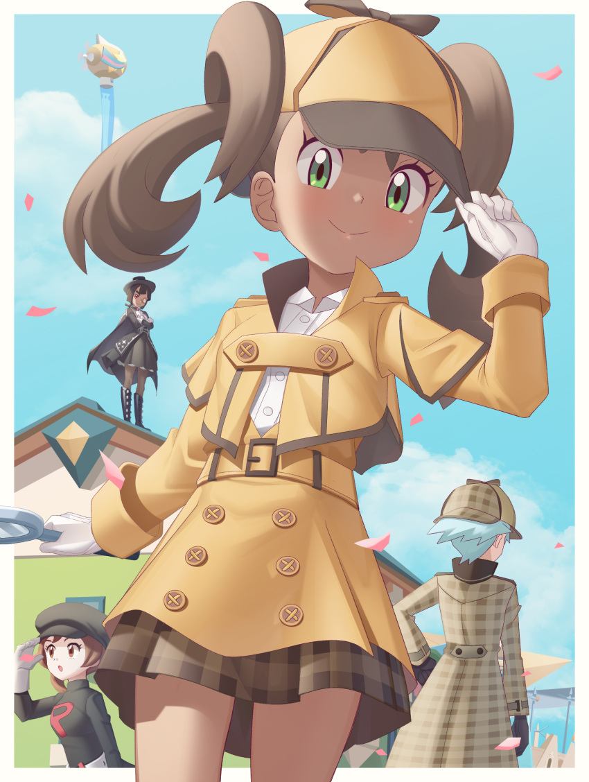 1boy 3girls aircraft belt border brown_hair brown_skirt building buttons closed_mouth clouds collared_shirt commentary_request confetti day dirigible eyelashes gazing_eye gloves green_eyes hand_up hat highres holding holding_magnifying_glass jacket long_sleeves looking_at_viewer looking_down lyra_(pokemon) magnifying_glass multiple_girls official_alternate_costume outdoors plaid plaid_skirt pokemon pokemon_(game) pokemon_hgss pokemon_masters_ex shauna_(pokemon) shauna_(special_costume)_(pokemon) shirt skirt sky smile steven_stone_(special_costume) team_rocket team_rocket_uniform twintails white_border white_gloves white_shirt yellow_belt yellow_headwear yellow_jacket yellow_skirt zinnia_(special_costume)_(pokemon)
