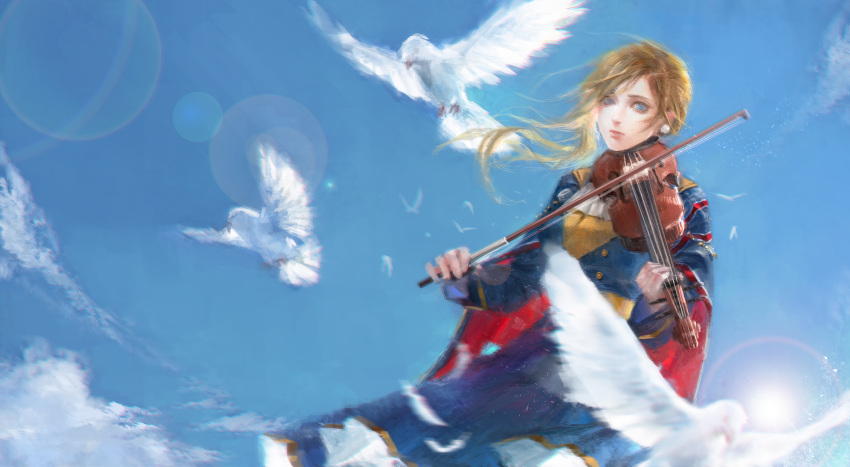 1girl azur_lane blonde_hair blue_capelet blue_coat blue_eyes blue_sky capelet coat dudu_(9671) earrings hair_over_shoulder highres holding holding_instrument hood_(azur_lane) instrument jewelry long_hair looking_at_viewer music neckerchief outdoors playing_instrument sky solo union_jack violin white_neckerchief