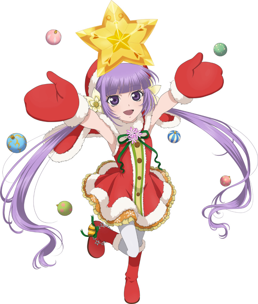 1girl artist_request boots capelet christmas christmas_ornaments christmas_star dress flower from_above full_body fur-trimmed_boots fur-trimmed_capelet fur-trimmed_dress fur-trimmed_headwear fur_trim game_cg hair_flower hair_ornament hat highres long_hair looking_at_viewer mittens official_alternate_costume official_art open_mouth pantyhose pink_lips purple_hair red_boots red_capelet red_dress red_mittens santa_costume santa_hat smile solo sophie_(christmas)_(tales) sophie_(tales) standing standing_on_one_leg tales_of_(series) tales_of_asteria tales_of_graces third-party_source transparent_background twintails very_long_hair violet_eyes white_flower white_pantyhose