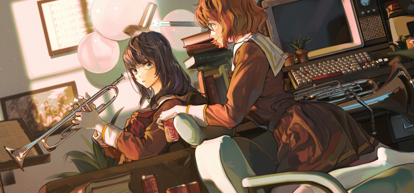 2girls absurdres armchair black_hair blue_eyes book book_stack brown_hair brown_shirt can chair closed_mouth commentary_request computer drawer dutch_angle euphonium foot_out_of_frame hibike!_euphonium highres holding holding_can holding_instrument iino_qwq indoors instrument keyboard_(computer) kitauji_high_school_uniform kousaka_reina liz_to_aoi_tori long_hair long_sleeves looking_at_another multiple_girls neckerchief no_shoes oumae_kumiko parted_lips photo_(object) plant potted_plant profile red_neckerchief school_uniform sheet_music shirt short_hair sitting smile socks soda_can table trumpet white_socks