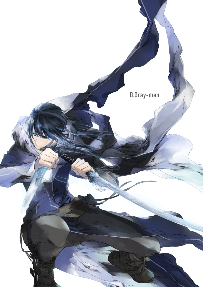 1boy black_footwear black_hair black_pants blue_jacket d.gray-man dual_wielding fighting_stance full_body grey_scarf highres holding holding_sword holding_weapon jacket kanda_yuu long_hair long_sleeves looking_to_the_side male_focus pants ponytail scarf sidelocks solo squatting sword tsukini_shigure weapon white_background