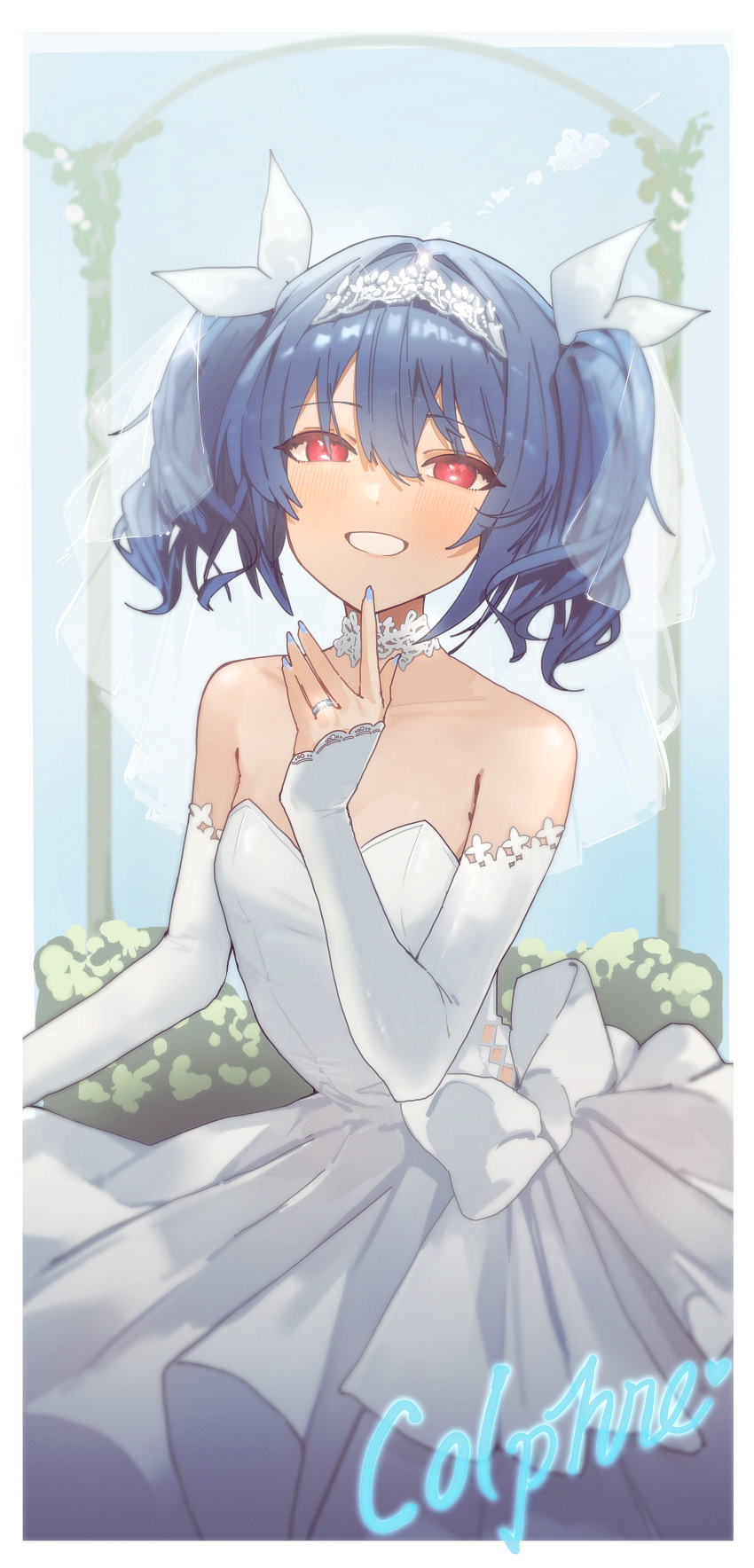 1girl absurdres alternate_costume blue_hair blue_nails bow bridal_gauntlets character_name colphne_(girls'_frontline_2) commentary dress english_commentary girls'_frontline_2:_exilium girls_frontline hair_bow highres jewelry looking_at_viewer red_eyes ring rishe_(reeeeshe) short_hair smile solo tiara wedding_dress wedding_ring white_bow white_dress white_mouth