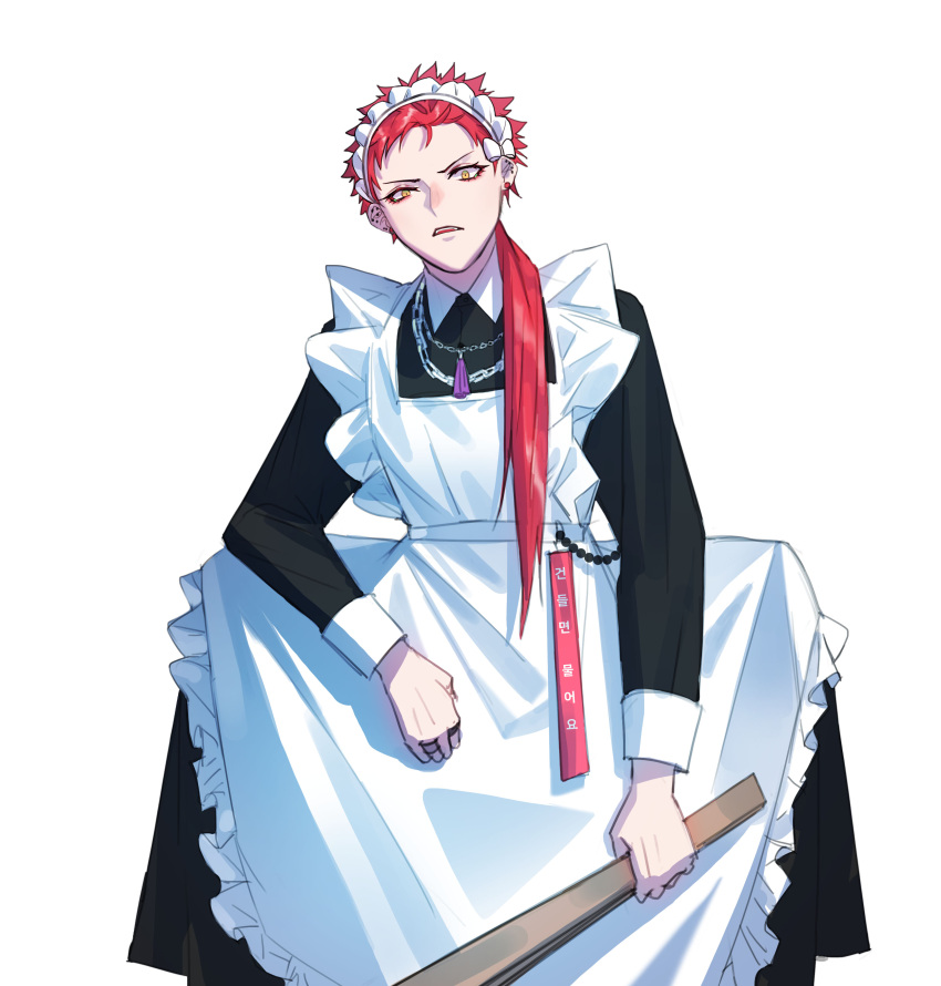 1boy absurdres alternate_costume apron chain_necklace ear_piercing enmaided fishfall harai_kuko highres holding holding_weapon hypnosis_mic jewelry long_hair long_sleeves maid maid_apron maid_headdress messy_hair necklace open_mouth piercing ponytail redhead ring short_hair simple_background squatting weapon white_background yellow_eyes